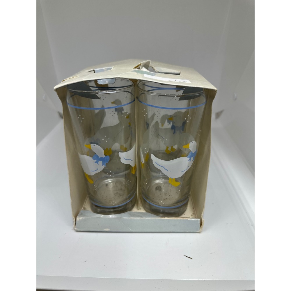 VTG Goose Drinking Glasses Set Blue White Bow Country Cottagecore Kitchen Decor - Picture 3 of 8
